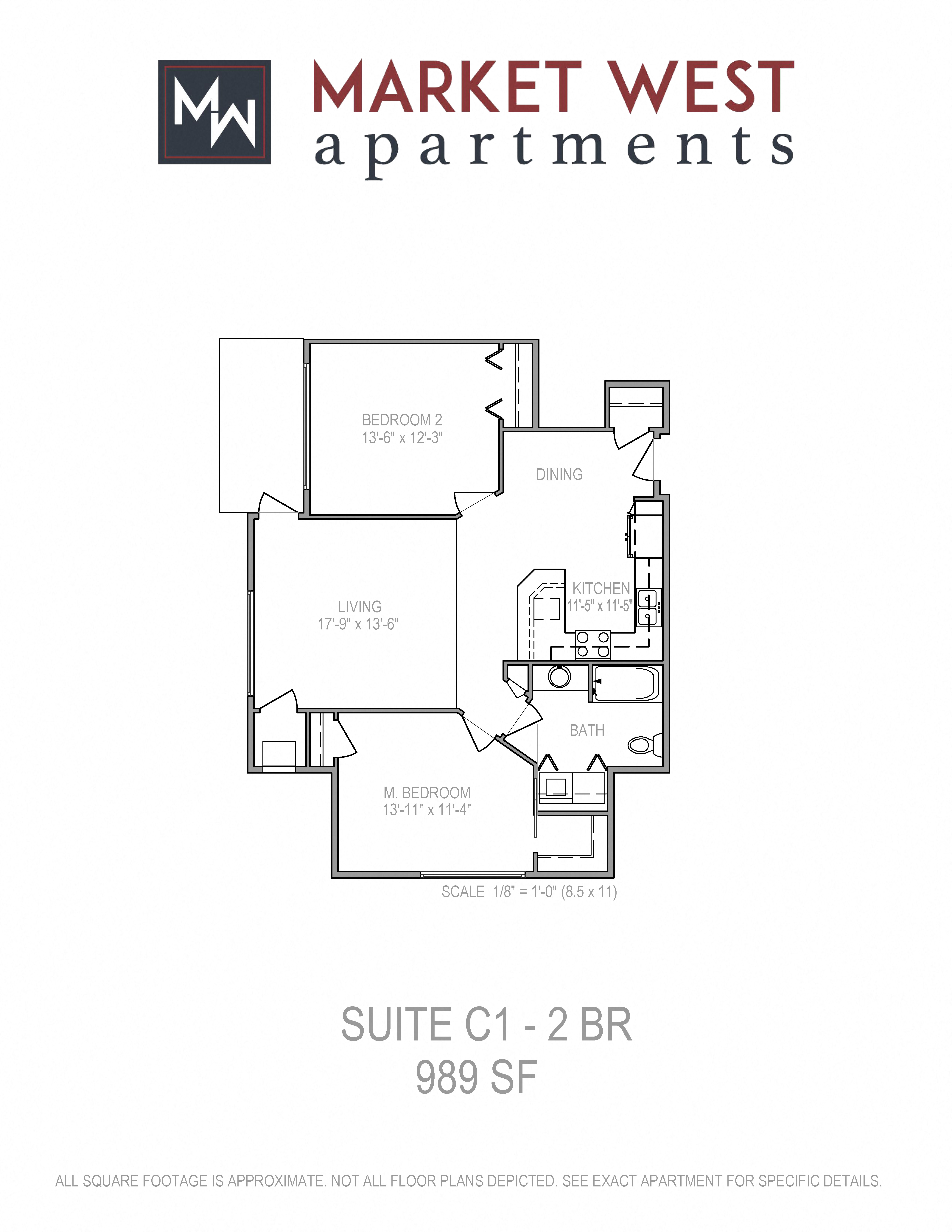 Floor plan for 2 beds, 1 bath, 989 sqft
